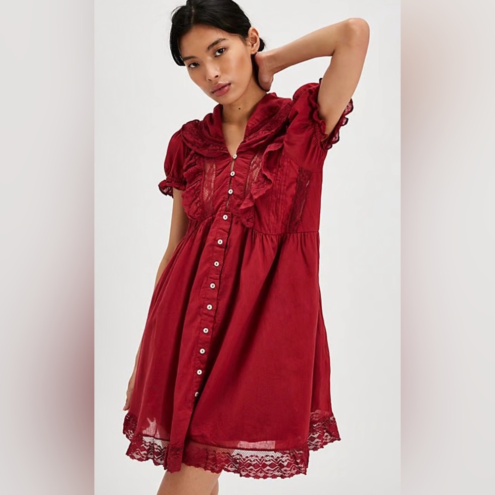 Free People Burgundy Ruffle Button-Front Mini Dress